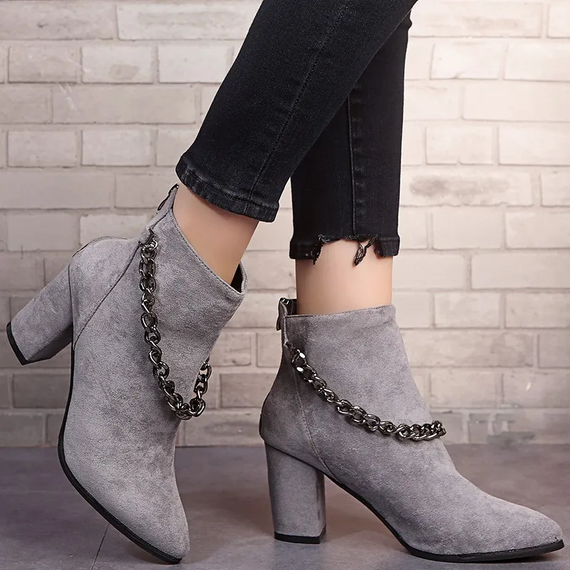 Women's Boots Pointed Toe High Heels Solid Color Leather Ankle Boots Women's Boots Fashion Chunky Heel Heel Zipper Women's Shoes