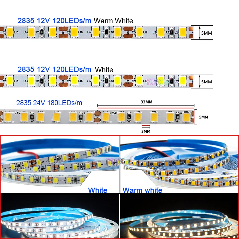 12V 24V 5M Flexible Warm White / White LED Strip tape 120 or 180Leds/m SMD 2835 ultra narrow 5mm White PCB Monochrome light Bar