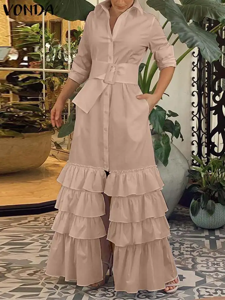 

Women Summer Ruffled Party Dress 2022 VONDA Casual Belted Maxi Dresses Long Sleeve Solid Bohemian Lapel Button up Shirt Sundress