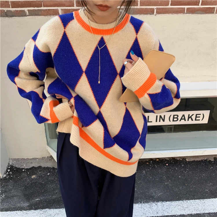 Модный пуловер Kimotimo с узором ромбиками свитер для женщин осень 2021 свободные топы