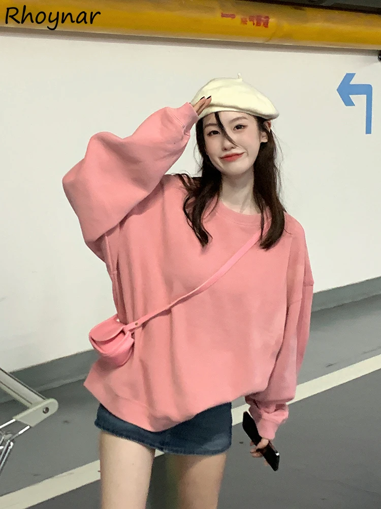 

Свитшот женский свободного покроя, модная повседневная розовая Милая Нежная одежда для колледжа, простая Базовая Универсальная одежда для отпуска, в стиле Kpop, спортивная одежда