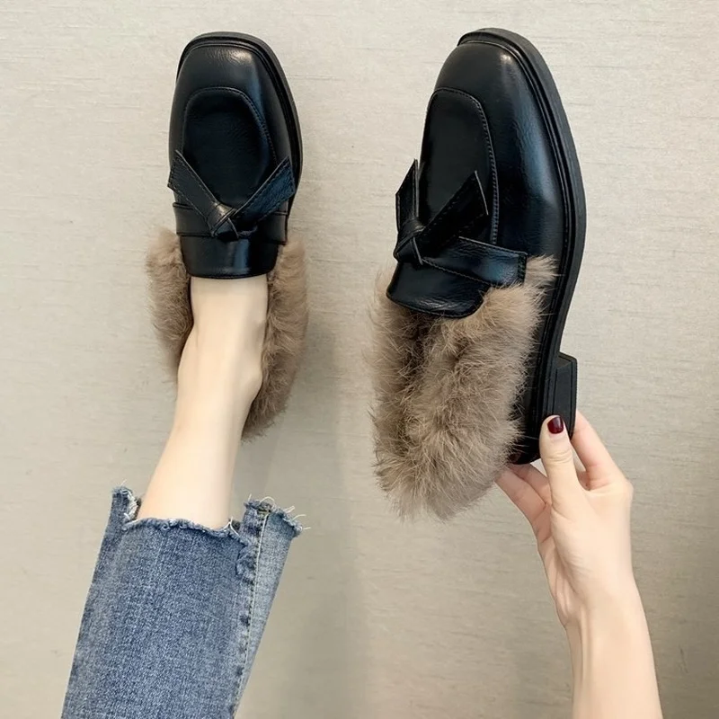 2022 Fashion Women Loafers Faux Rabbit Fur Slip-on Shoes Woman Low Heels Casual Shoes Plush Warm Boat Shoes Zapatos De Mujer