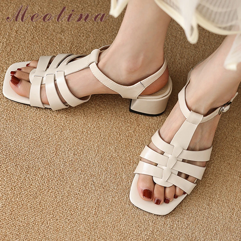 

Meotina Women Genuine Leather T-Tied Sandals Square Toe Thick Mid Heels Buckle Narrow Band Ladies Fashion Shoes Summer Brown