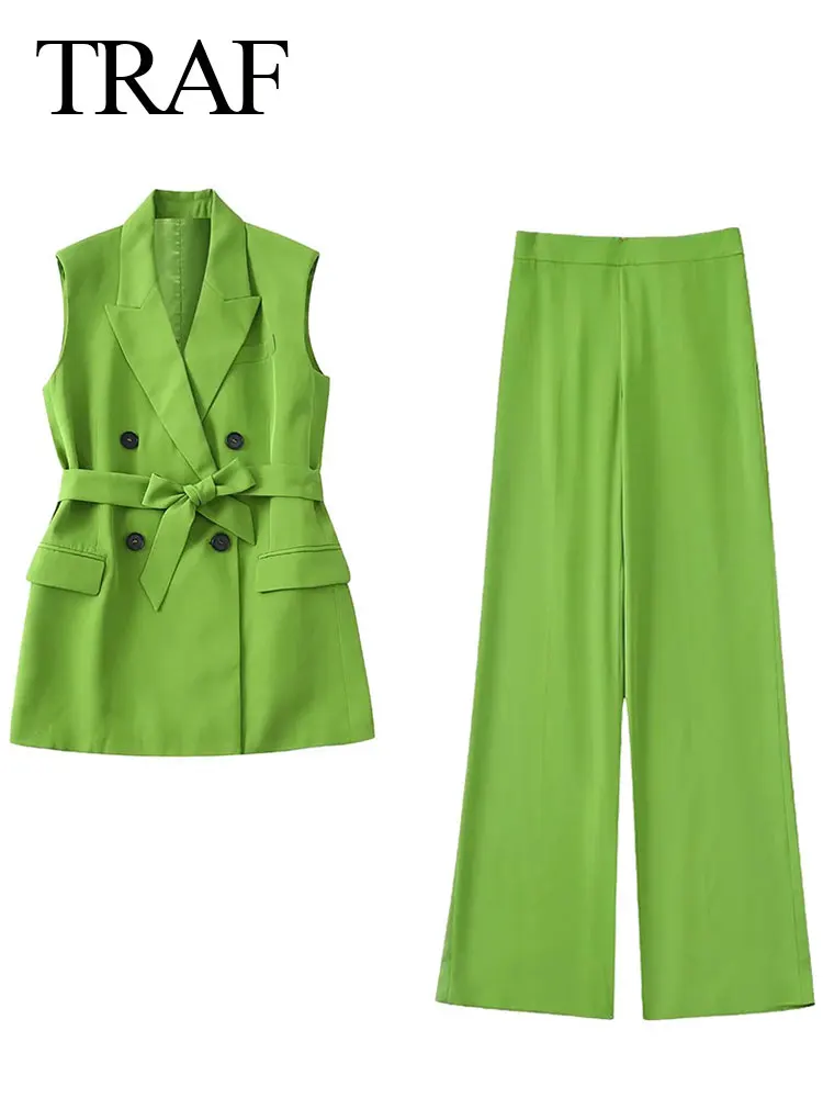 

TRAF High Street Fashion Solid Color Suit Vest Super Pants Suit Green Chic Premium Commuter Urban Two Piece Women's Suit