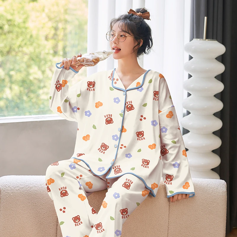 CAIYIER Cute Rabbit Print Pijamas Mujur Soft Long Sleeve Trousers Sleepwear Suit Feamle Korean Autumn Winter Leisure Home Clothe