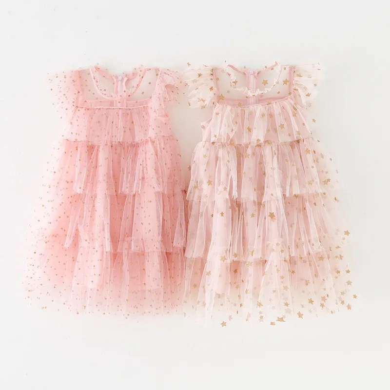 

Super Fairy Girls Tulle Princess Dress Fly Sleeve Star Sequin Pink Cake Dress Children Organza Puffy Birthday Party Vestidos