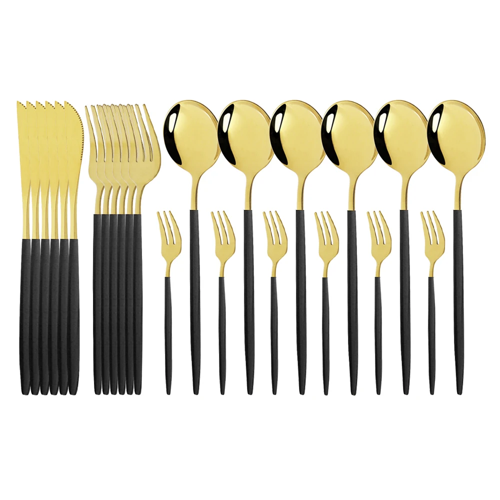 

Knife Cake Fork Spoon Cutlery Set Kitchen Tableware Silverware Set Dinner Black Gold 24Pcs18/10 Stainless Steel Dinnerware Set