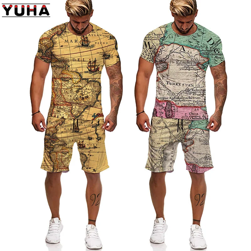 Yuha,map Printing New Summer 3d Casual Men Short Sleeve T-shirts +shorts Male O Neck Top Tracksuit Set Men's Clothing 2 Pieces