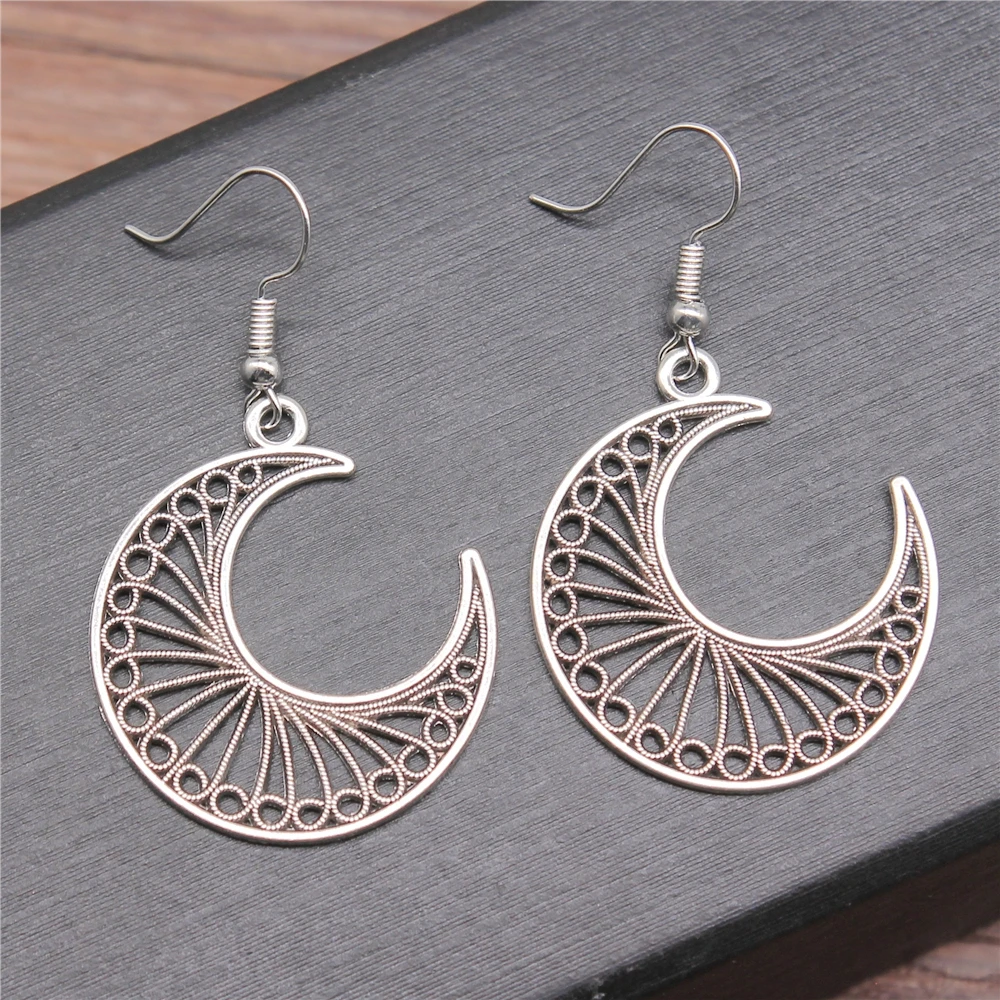 Старинные антикварные серебряные Цвет 30x34 мм полые серьга в форме Луны разъем