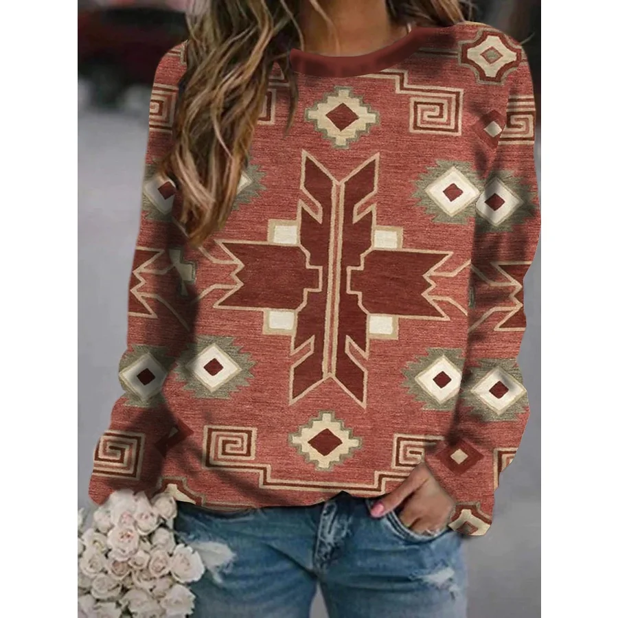 

[New In] Women's Bohemian Theme long sleeves T shirt Graphic Geometric Print Round Neck Basic Boho Tops