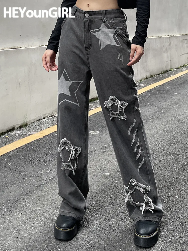 

Прямые джинсы HEYounGIRL Y2K с заплатками в виде звезд, милые джинсовые брюки с высокой талией и широкими штанинами в стиле Харадзюку, корейские ул...