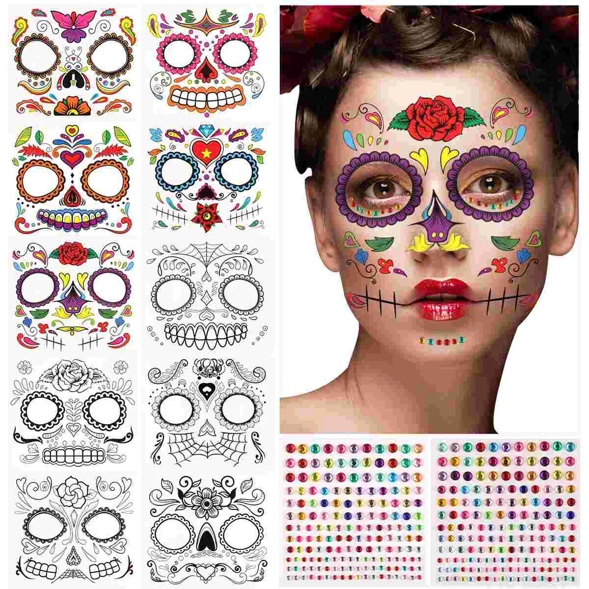 

10Pcs Temporary Tattoos Waterproof Tattoos for Makeup Masquerade Party Party Favor Supplies with 2Pcs Body Jewel Stickers