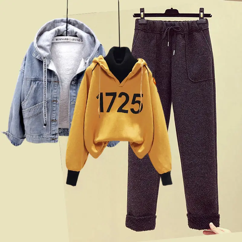 Woman Fashion Hooded Jumpsuits Parka Female Cotton Padded Warm Parkas and Straight Pants Lady Three Piece Casual Tracksuits G397 enlarge