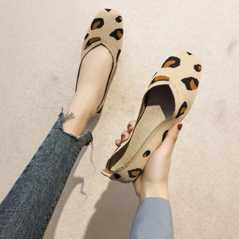 

2023 Loafers Women Fashion Ballet Soft Casual Flats Walk Shoes Leopard Square Toe Shallow Breathable Female Slip-On Boat Shoes