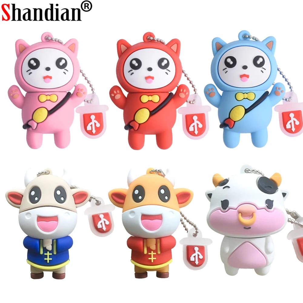 

Cartoon Cow USB Flash Drives 128GB Bull Memory Stick 64GB Free Key Chain Pen Drive 32GB Cat Pendrive 16GB Promotion U Disk 8GB