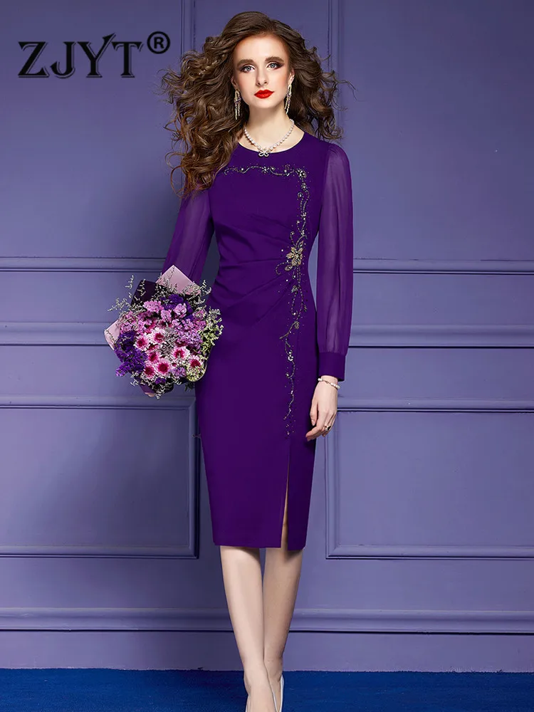 

ZJYT Spring Autumn Elegant Women Beading Dress Luxury Long Sleeve Knee Length Slim Straight Office Vestidos Party Robes 5XL