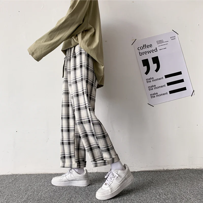 HOUZHOU Plaid Pants Men Linens Korean Checked Trousers Male Streetwear Fashion Bottoms Summer Wide Leg Pants Harajuku Breathable