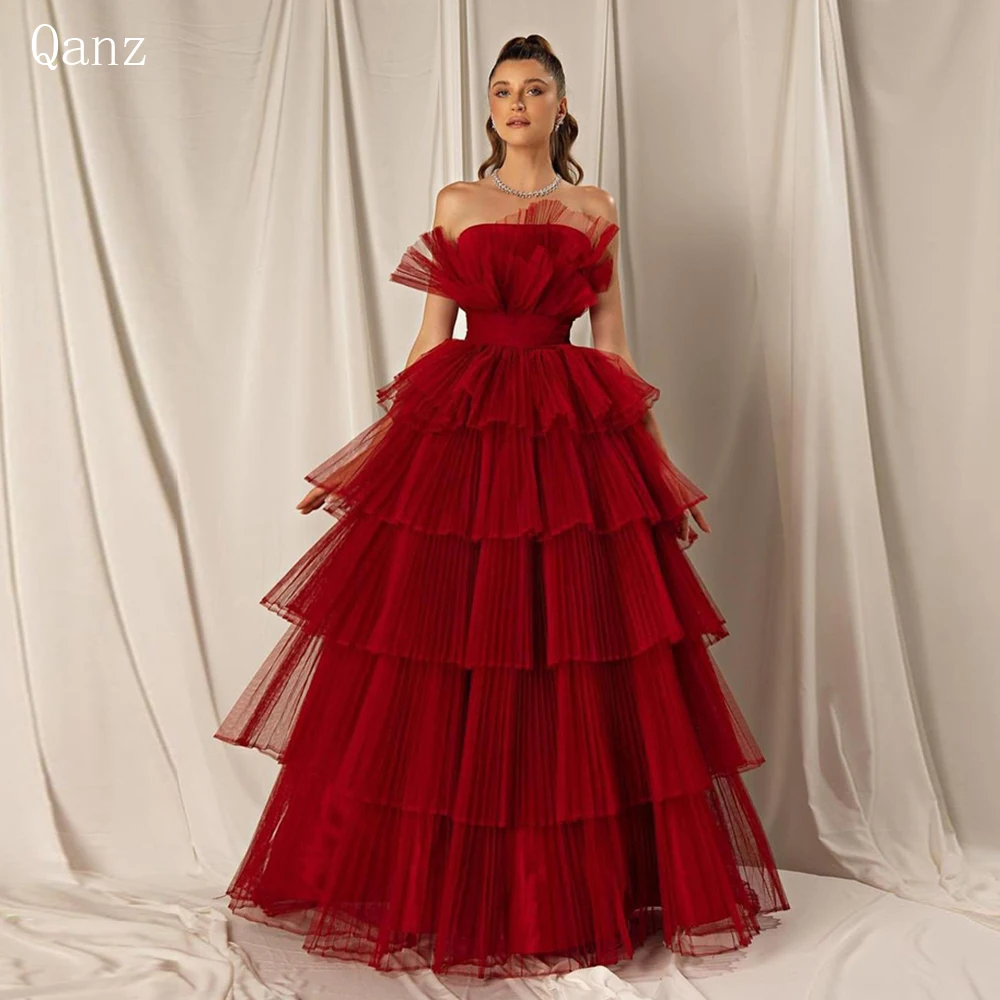

Qanz Burgundy A-line Evening Dresses Strapless Tiered Tulle Dubai Arabic Women Formal Prom Gowns Robes De Soirée Party Dresses