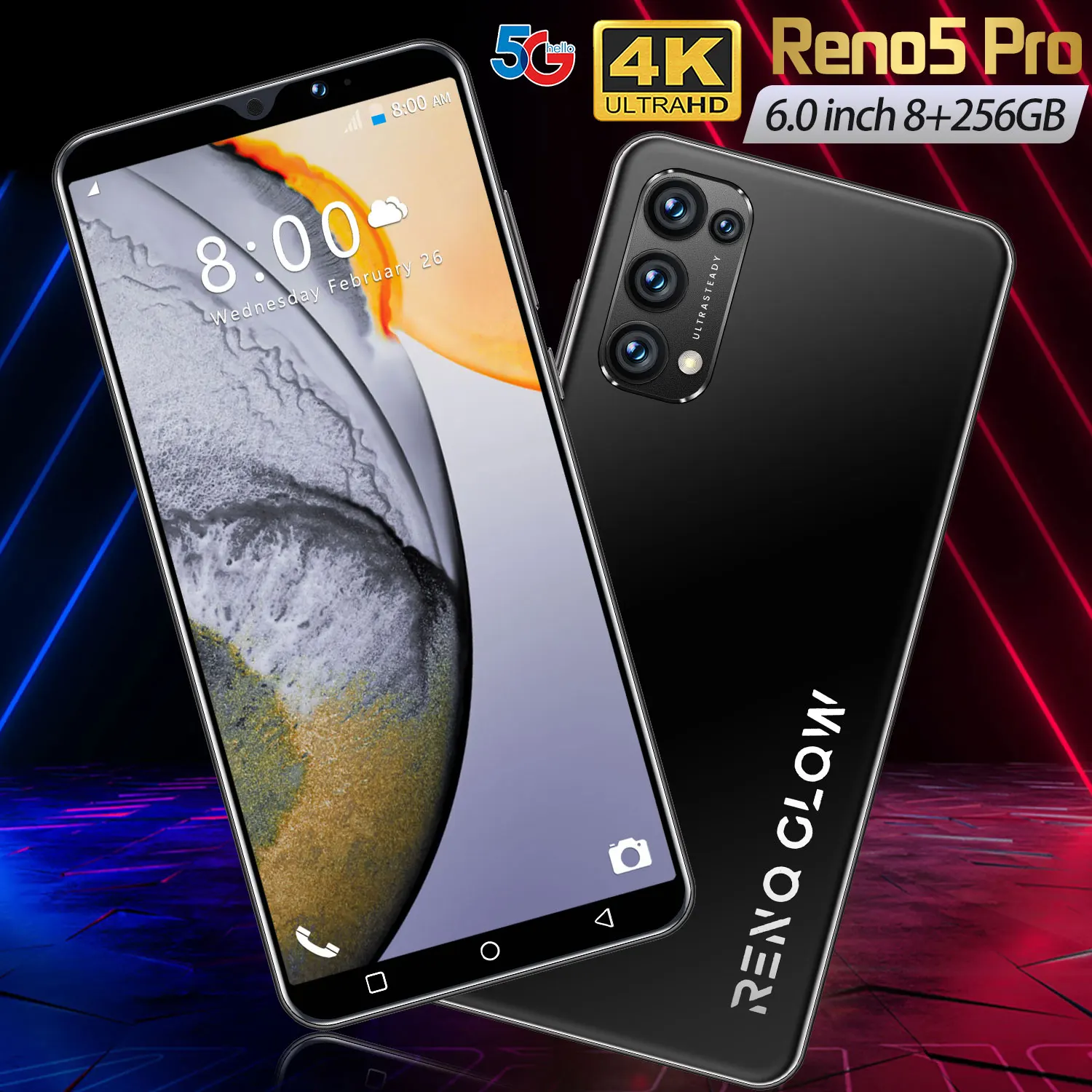 Смартфон Reno5 Pro разблокированный телефон 6 дюймов 8 + 256 ГБ ядер недорогой игровой