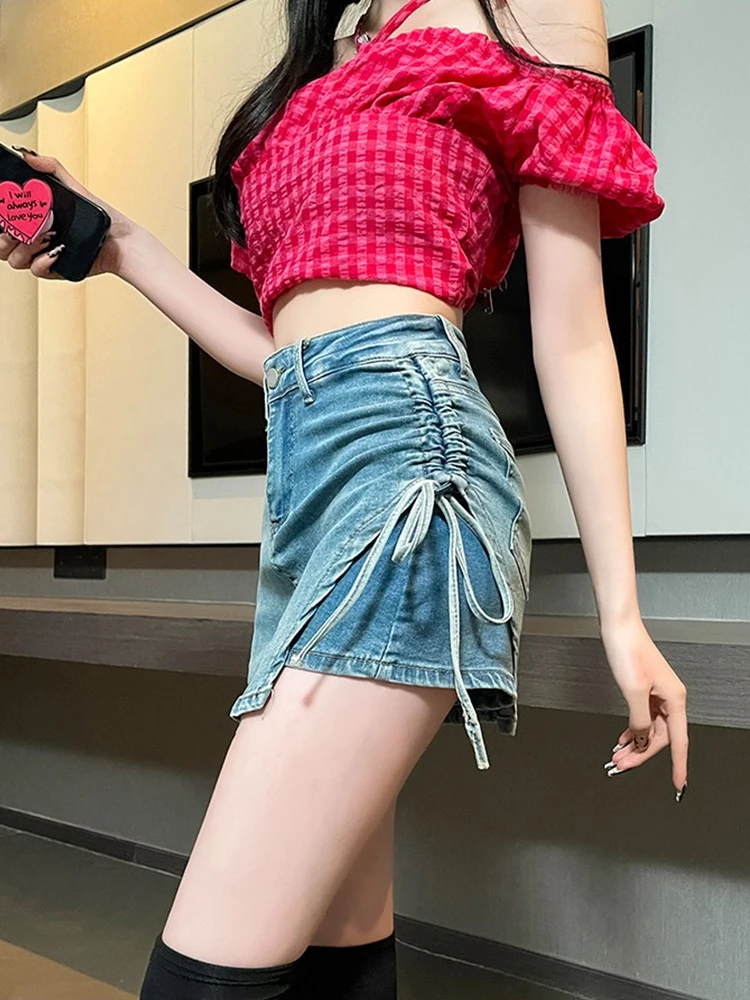 Summer Sexy Women Empire Slim Drawstring Denim Culottes Casual Lady High Street Bodycon Denim Culottes A-line Shorts