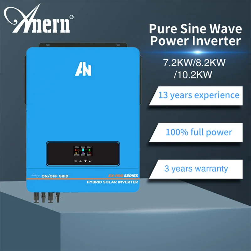

Anern 8.2KW 10.2KW Hybrid Solar Inverter Build-in Mppt 140A Controller 500VDC PV Input 230VAC 48V Pure Sine Wave Hybrid Inverter
