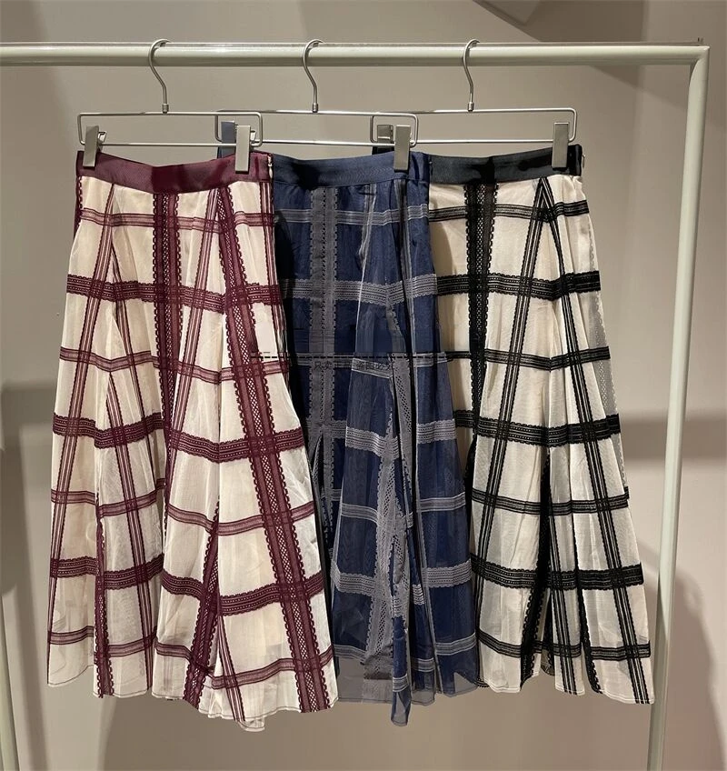 

Kuzuwata Autumn Winter Faldas Mujer Moda 2022 Sweet Long Contrast Color Plaid Mesh Skirt Japanese High Waist Slim A-line Jupe