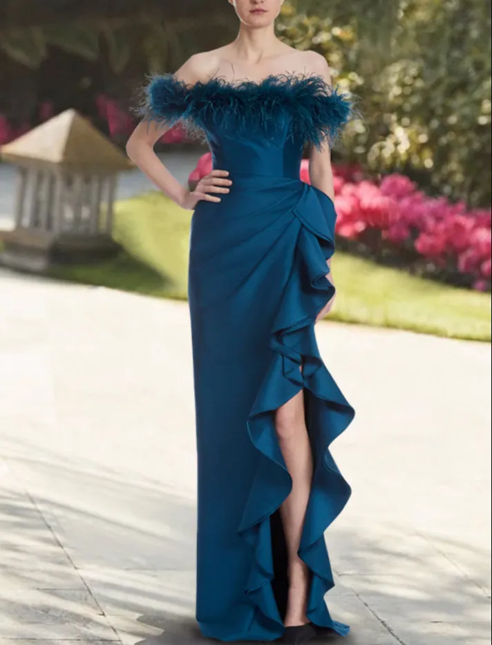 

Vintage Long Blue Taffeta Prom Dresses With Feathers Sheath Side Slit Floor Length Robe De Soiree Formal Party Dresses