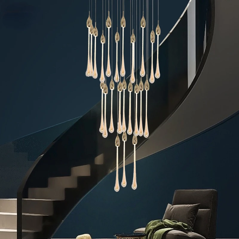 

Luxury modern crystal chandelier for staircase large gold drop design led cristal lamp long villa lobby hanging lighting fixture