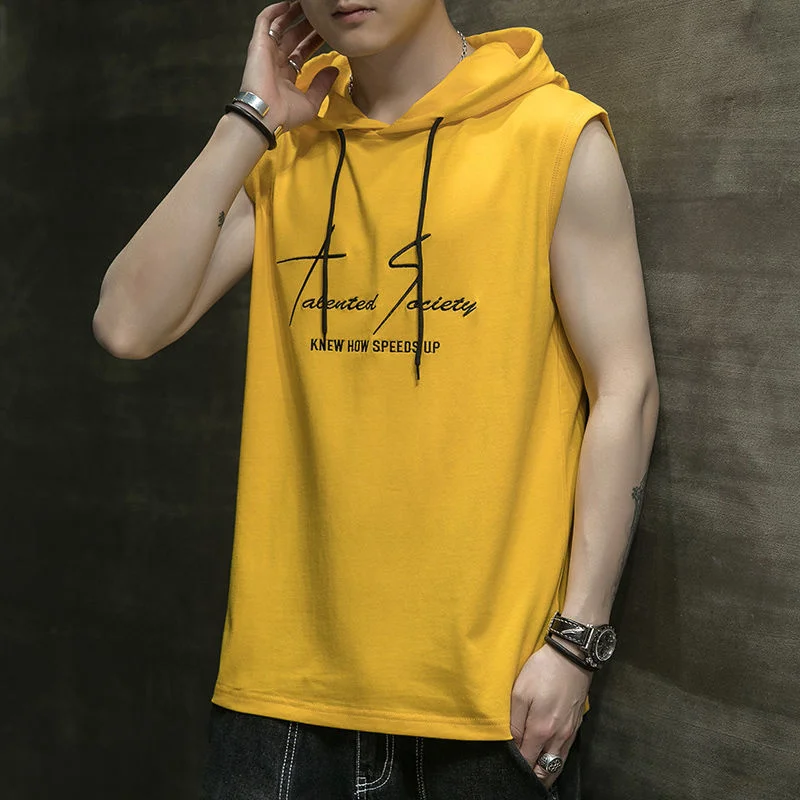 

Мужская футболка без рукавов жилет с капюшоном хлопковая свободная крутая летняя спортивная уличная одежда для студентов Бесплатная доста...