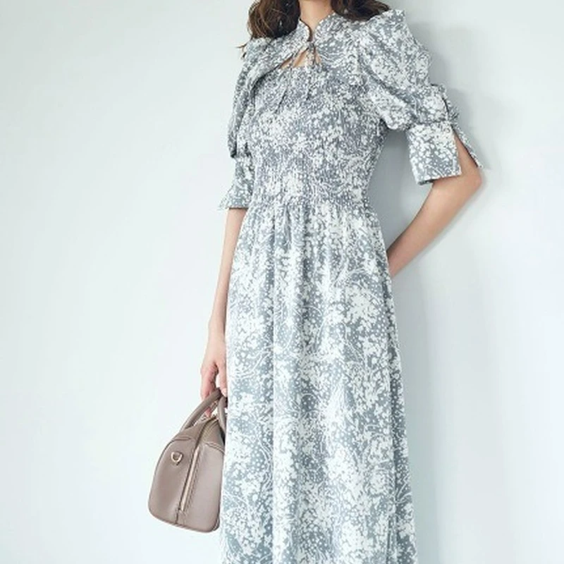 

Stand Collar Lace Up Hollow Out Half Flare Sleeve Vestidos Elasticity Empire Printed Slim Dress Japanese Gentle Robes