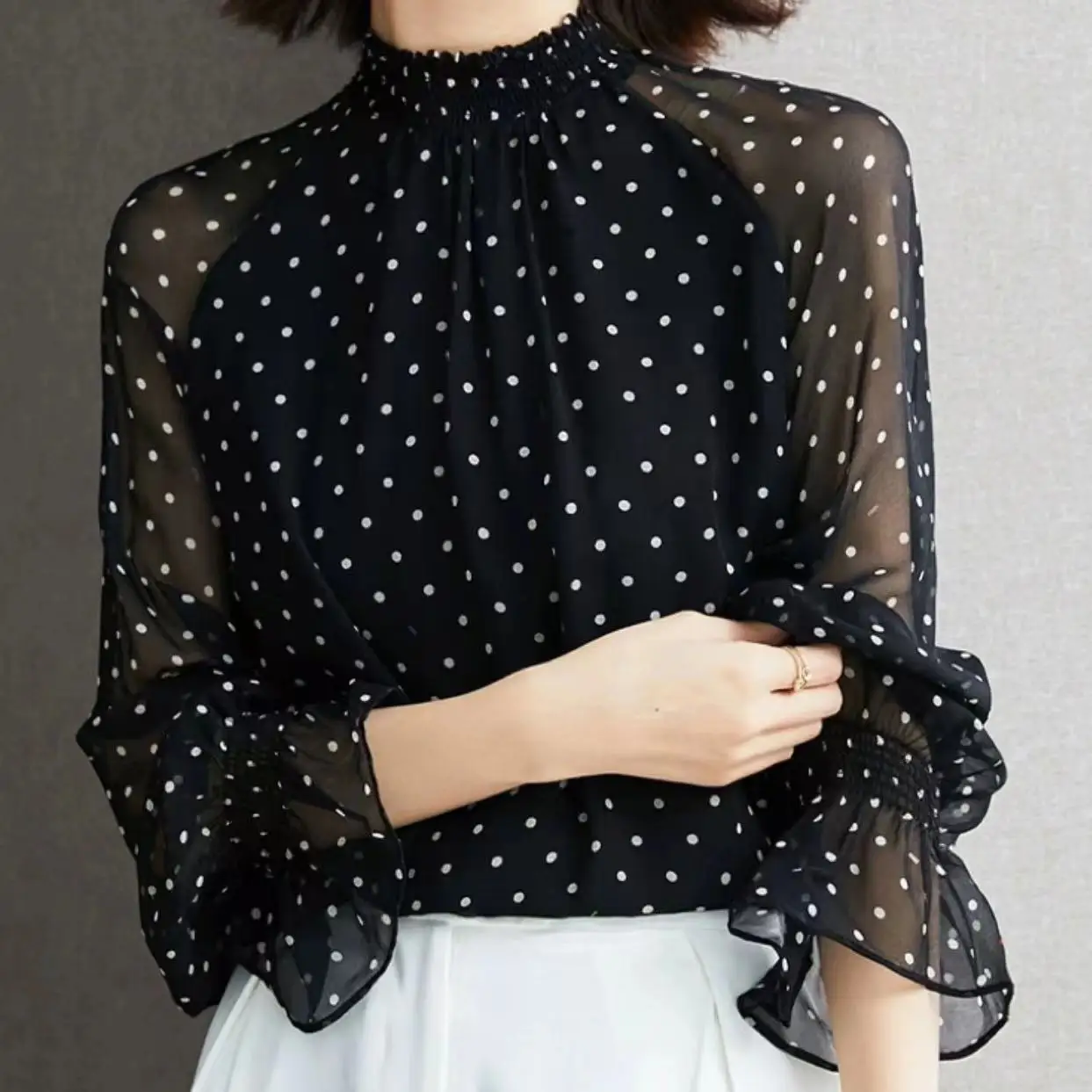 

Standing Collar Polka Dot Chiffon Shirt Blouse Women's Long Sleeve 2023 New Autumn French Print Flare Sleeve Shirt Fashion Top