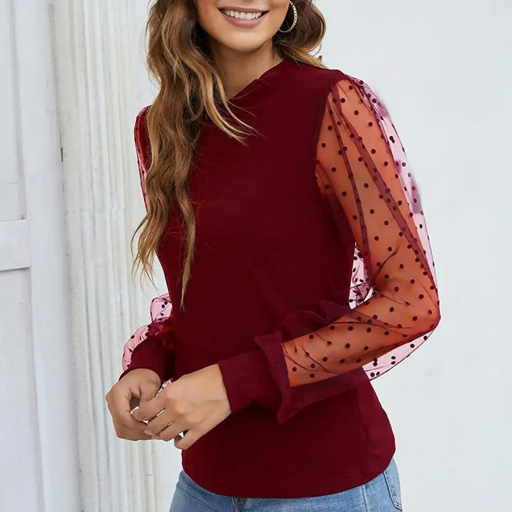 

Attractive Women Blouse Long Sleeve Solid Color Female See Through Slim-fitting Blouse