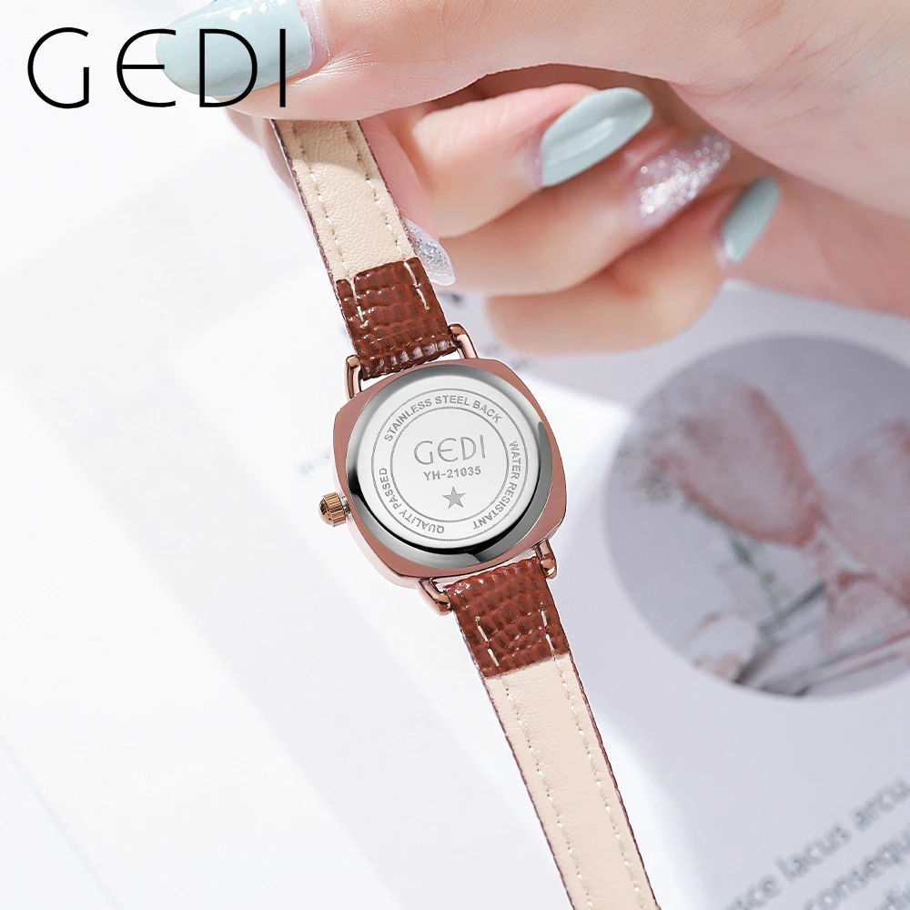 GEDI Retro Fashion Square Quartz Wrist Watch for Women Luxury Brand  Leather Strap Vintage Ultra-thin Waterproof Ladies Watches