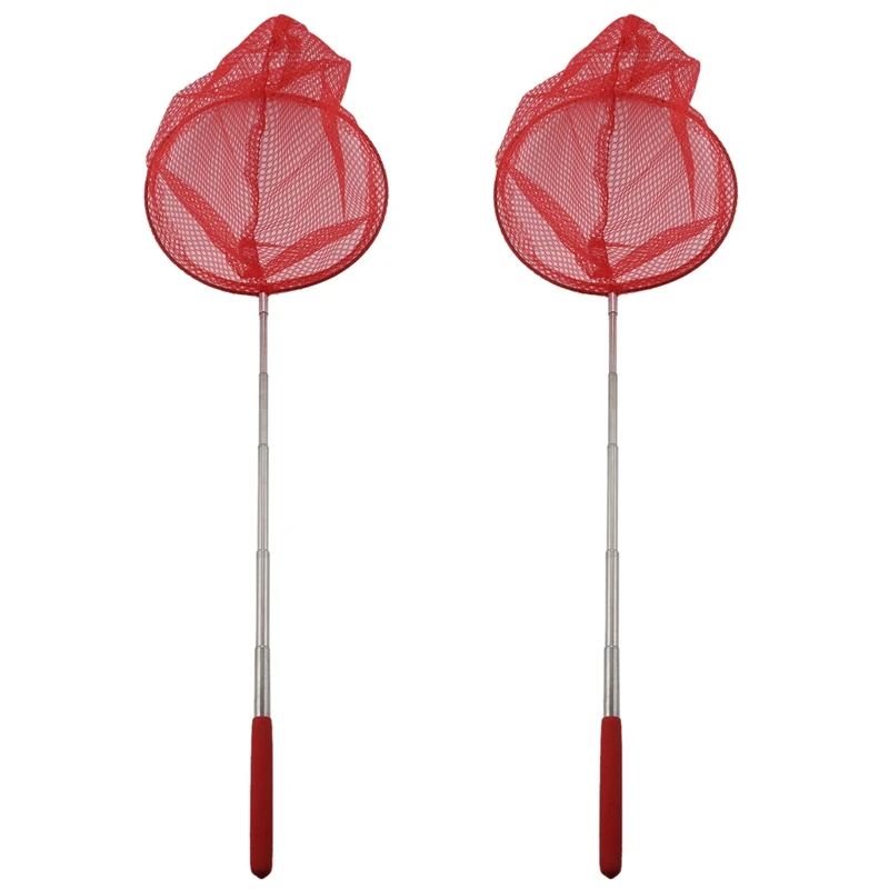 

New 2X Outdoor Catching Catching Butterfly Net Fishing Net Bag Stainless Steel Telescopic Fishing Net Tool Outdoor Net-Red