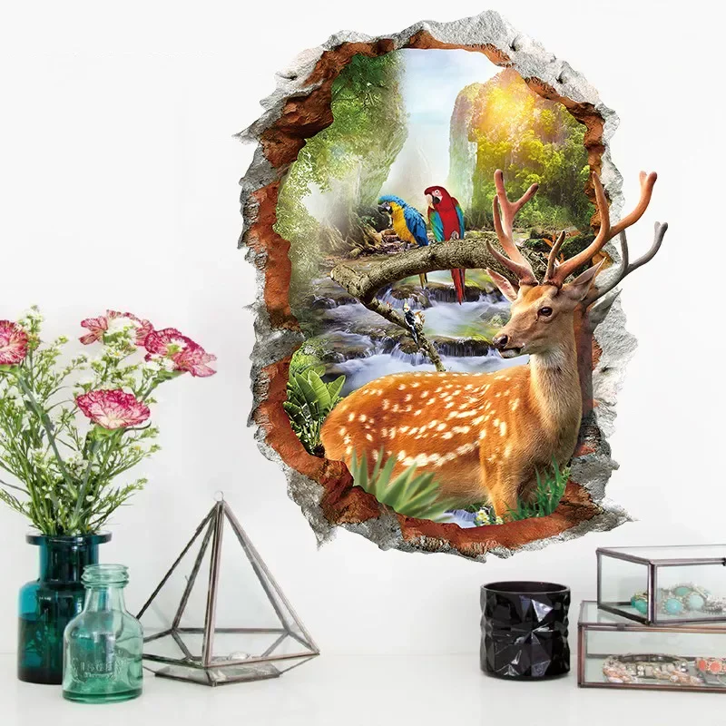 

NEW 3D Broken Hole Landscape Deer Wall Sticker Bedroom Room Decoration Self Adhesive Adesivi Murali
