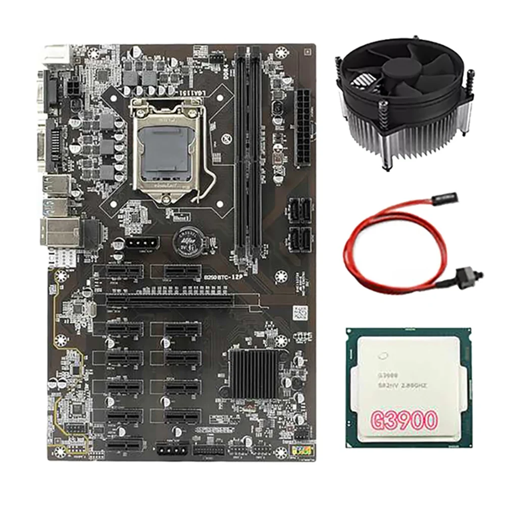 

B250 BTC Mining Motherboard Set with G3900 CPU+Cooling Fan+Switch Cable 12 PCIE GPU Slot LGA1151 DDR4 DIMM RAM SATA3.0