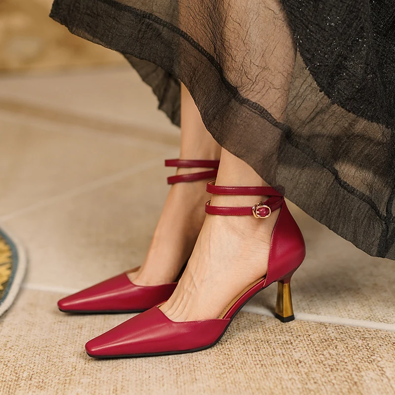 

Elegant Real Leather Buckle-strap Women Sandals Square Toe Thin High Heels Shoes for Women Summer Shallow Ladies Party Shoes