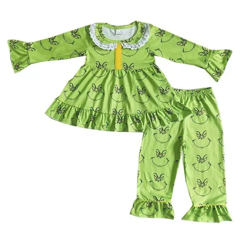 

Cute Children's Sleepwear Green Lace Ruffle Long-Sleeves Cartoon Pattern Girls Pajamas Sets
