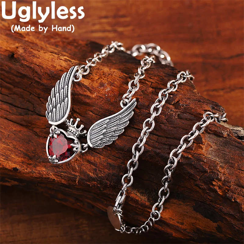 

Uglyless Thai Silver Crown for LOVE Heart Jewelry Sets Women Garnet Bracelets Necklaces 925 Silver Wings Chokers Fashion Jewelry