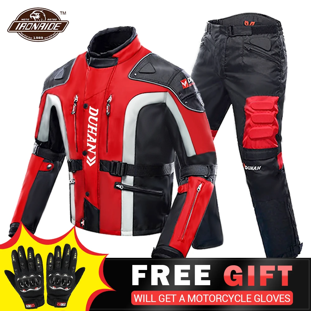 DUHAN Autumn Winter Cold-proof Motorcycle Jacket Moto+Protector Motorcycle Pants Moto Suit Touring Clothing Protective Gear Set