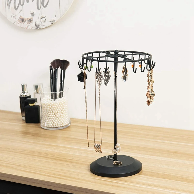 13.3 Inch Black Metal Rotating Jewelry Stand Organizer For Necklaces And Bracelets