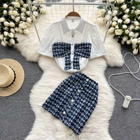 2022 new fashion runway summer skirt suit womens flower embroidery blouse shirt and a line pocket buttons skirt 2 two piece set