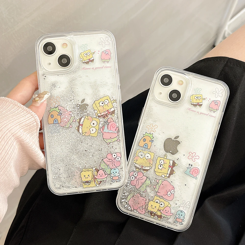 

Cartoon SpongeBobs SquarePants Luxury Quicksand Phone Case For iPhone 14 13 12 11 Pro Max Couple Anti-drop Back Cover Fundas