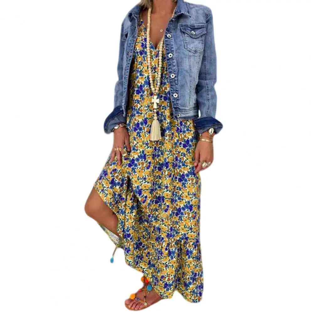 

Suspenders Dress Full Length Thin Summer Floral Print Bohemia Style Holiday Dress Breathable Beach Dress Streetwear