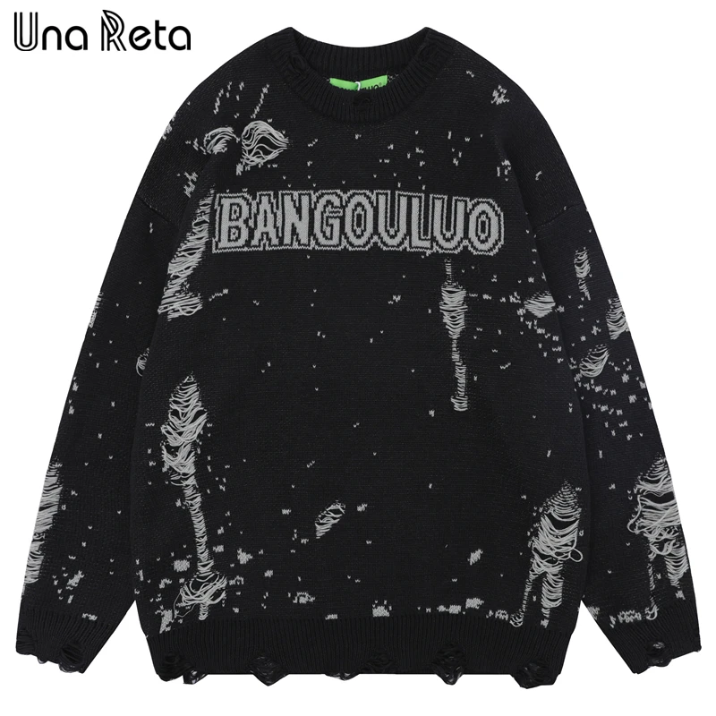 

Una Reta Holes Sweater Men Pullovers Autumn Winter Harajuku Casual Hip Hop Jacquard Printing Knitwears Tops Unisex Sweaters