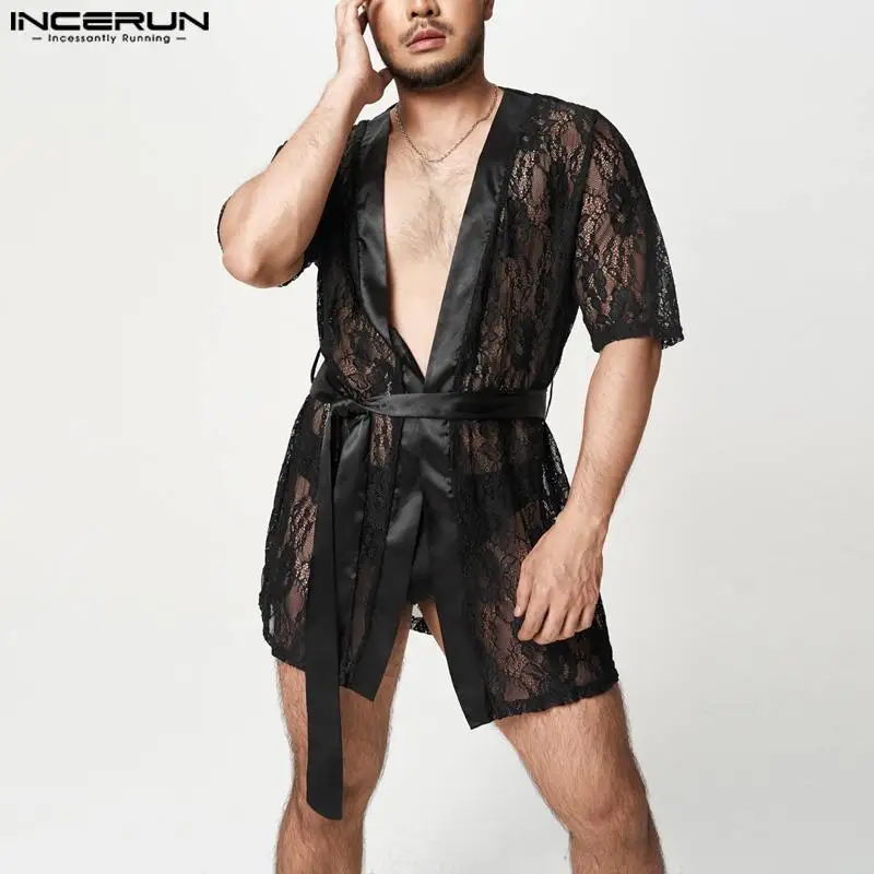 

Men Mesh Robes Lace See Through Short Sleeve Lace 2023 Sexy Bathrobes With Belt Leisure Men Nightgown Homewear S-5XL INCERUN