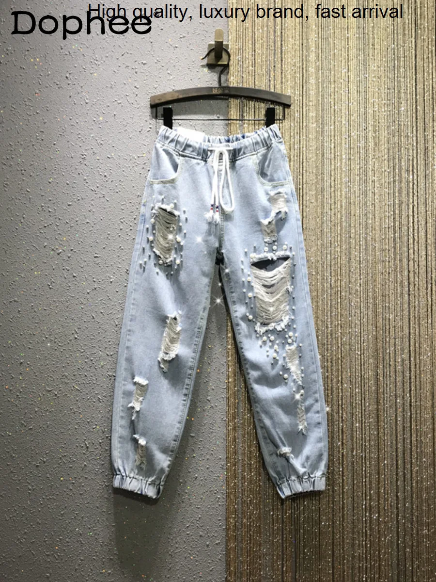 

Ripped Jeans StreetWear Women 2023 Summer New Elastic Waist Heavy Beads Sequins Straight Ankle Tied Harem Denim Pants Pantalones