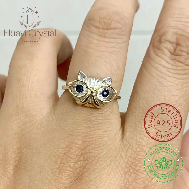 

925 Sterling Silver Owl Sapphire Eye Adjustable Ring