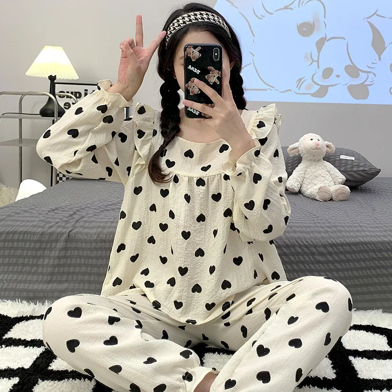 Spring Autumn Pajamas for Women Puff Sleeves Cotton Korean Loose Long-sleeved Sleepwear Trousers Cute Home Clothes Two-piece Set