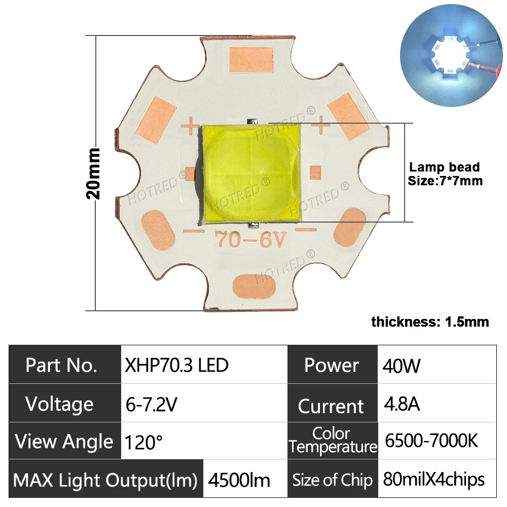 

HotRed 40W XHP70.3LED фонарик холодный/теплый белый
